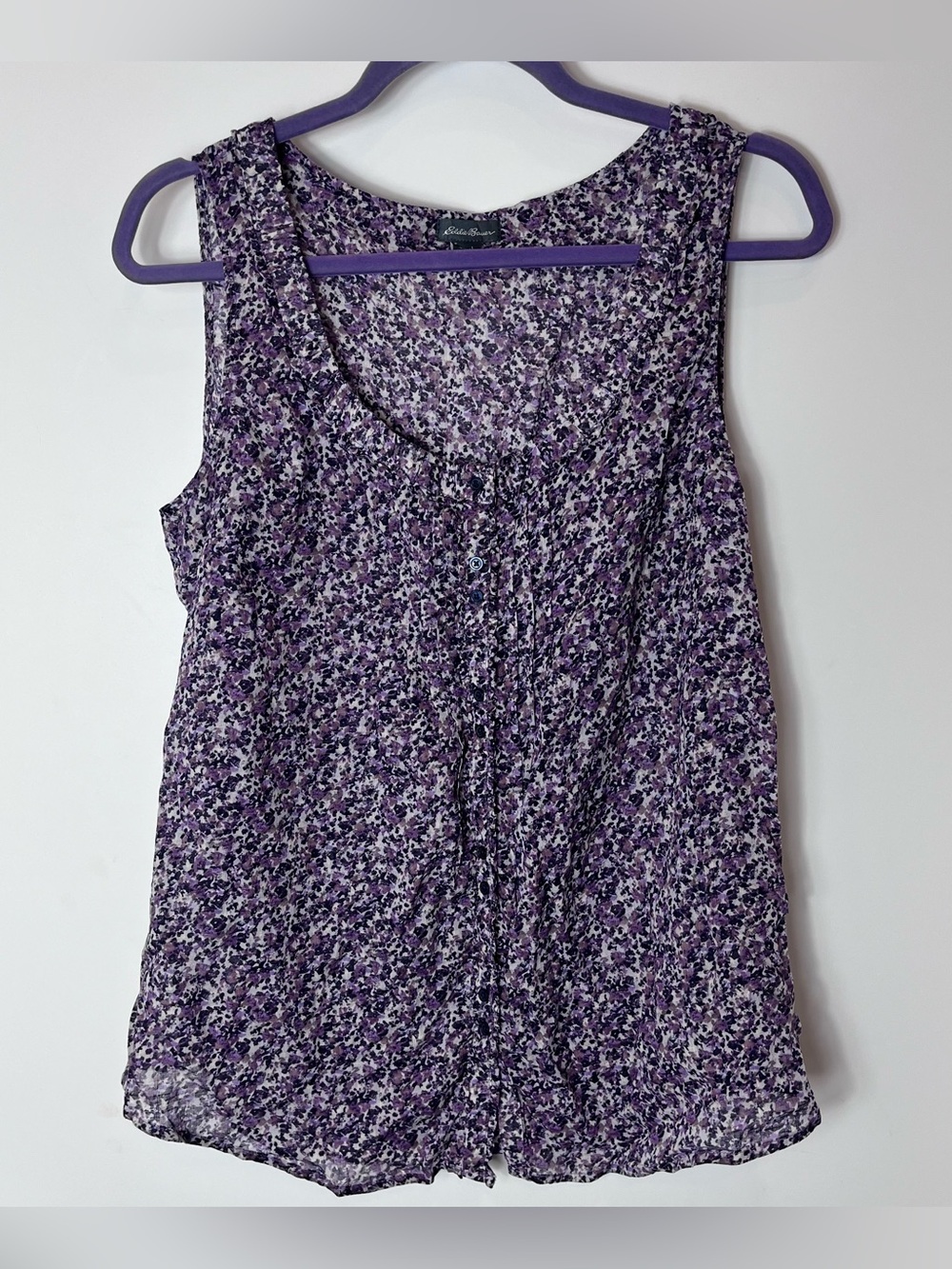 Eddie Bauer Purple Floral Blouse Sleeveless Boho Button Down Peasant Tank Large